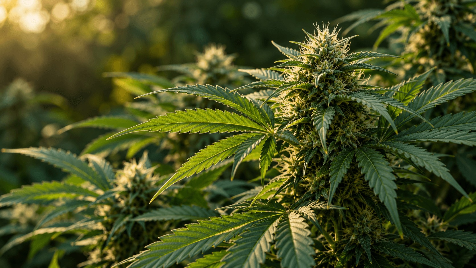 Detalhe de folhas de cannabis em luz natural