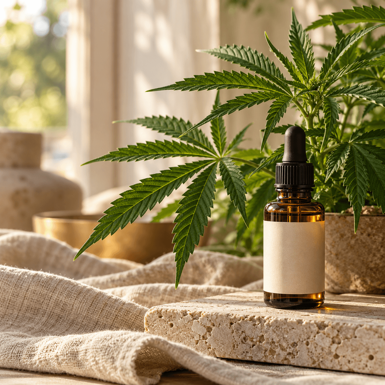 Planta de cannabis medicinal ao lado de um frasco âmbar sem identificação